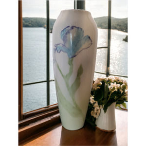 Past Times Handpainted Iris Flower Ceramic Vase, England Art Nouveau Blue Purple